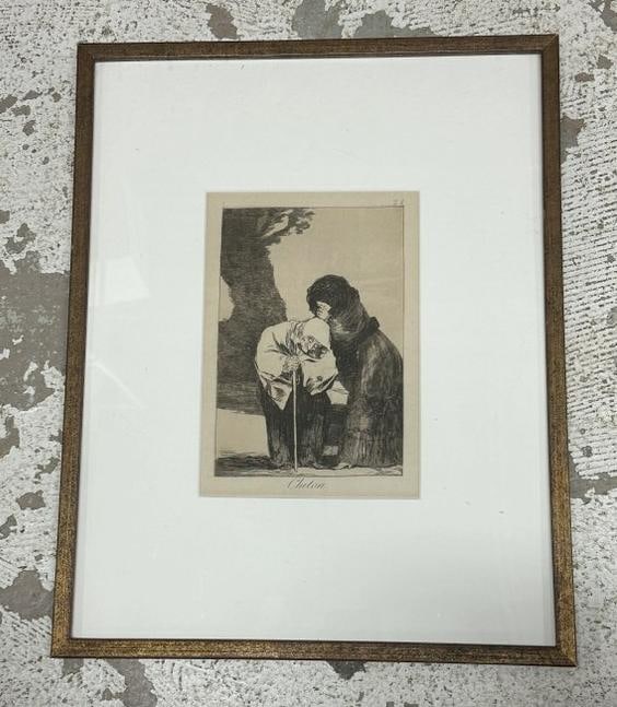 Francisco Goya etching ( Chiton plate 28 ), framed and matted, in nice estate condition. Plate: Francisco Goya etching ( Chiton plate 28 ), framed and matted, in nice estate condition. Plate measures 8.5" x 6", the frame measures 17" x 14". In nice estate condition.