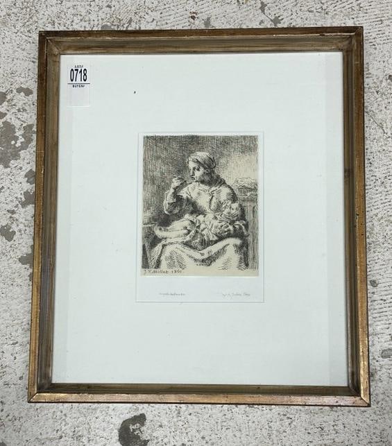 Jean Francois Millet 1861 etching Woman feeding her child, nicely framed and matted, from local (1 of 3)