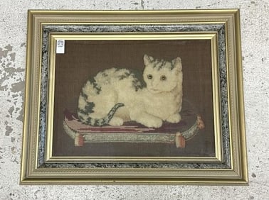 19th c woolwork of a cat, in frame of the period, nice estate condition, wonderful detail, on