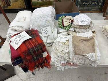 Misc. vintage textiles to include lace & assorted doilies, chenile bedspreads, Scottish/English wool