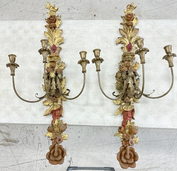 Pair of decorative wood sconces, holds (3) candles, painted nicely with gilt too…from fine estate (1 of 5)