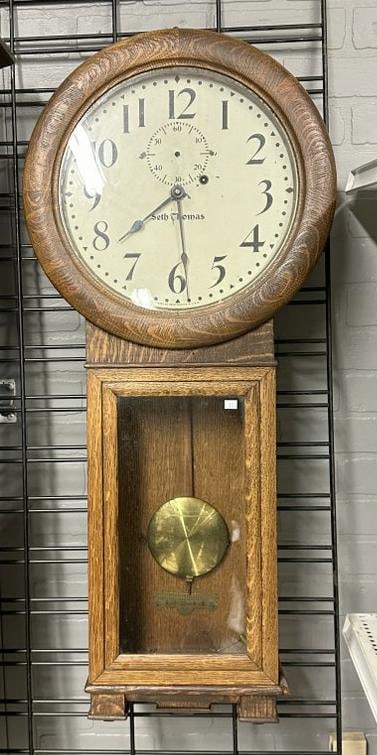 SETH THOMAS oak case wall clock, pendulum intact, just as we found it in estate of former Antique (1 of 1)