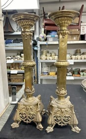 Pair decorative brass 30" high Church candlesticks, nice details, some small dings, from Boston,