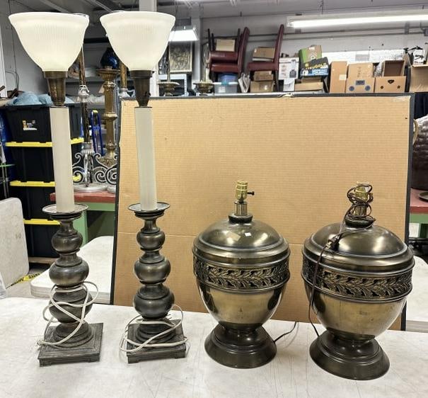 (2) pair decorative table lamps, taller pair has worn patina than smaller pairs, from Boston estate (1 of 4)