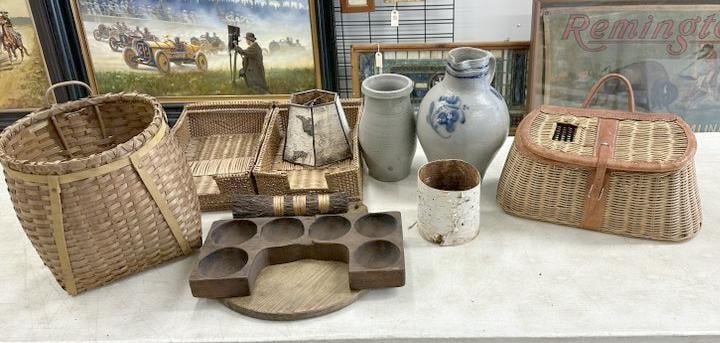 Estate lot fishing creel, baskets, (2) pcs. Stoneware, taller has chips and cracks, smaller one with (1 of 7)