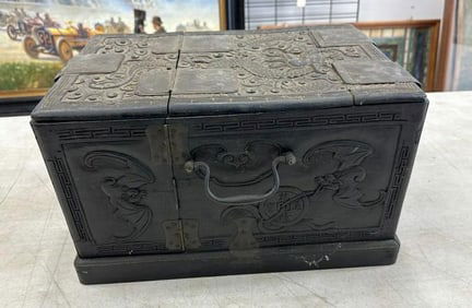 Early Asian carved vanity dreeser box, fold out mirror, with fold out doors and drawers, needs all