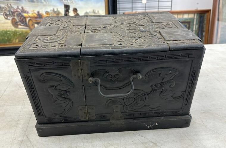Early Asian carved vanity dreeser box, fold out mirror, with fold out doors and drawers, needs all (1 of 11)