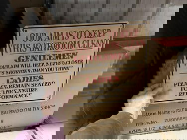 7 cases CLEAN BATHROOM tin embossed signs (10.5" X 12.5") 294 pcs.