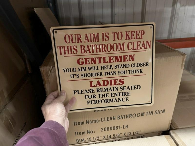 7 cases CLEAN BATHROOM tin embossed signs (10.5" X 12.5") 294 pcs. (1 of 1)