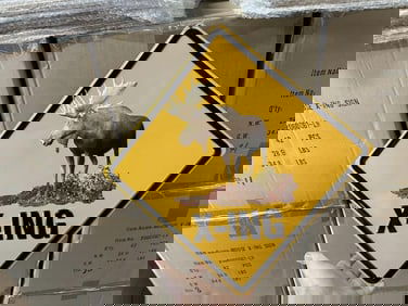 10 cases MOOSE CROSSING tin embossed signs plus loose ones (17.5" X 17.5") 420 pcs plus.