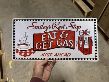 5 cases EAT & GET GAS tin embossed signs (8.5" X 17") 210 pcs.