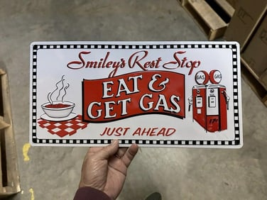 5 cases EAT & GET GAS tin embossed signs (8.5" X 17") 210 pcs.