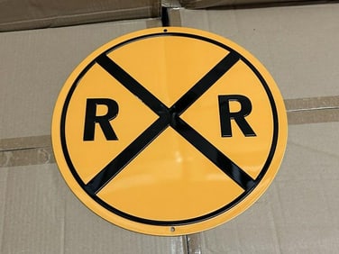 8 cases RR CROSSING tin embossed signs (14" round) 336 pcs.