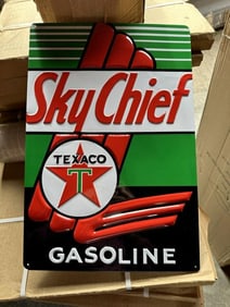 12 cases TEXACO SKY CHIEF GASOLINE tin embossed signs (18" X 12") 288 pcs.