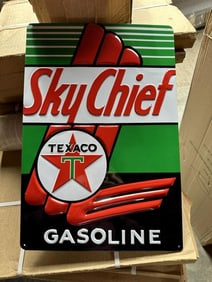 11 cases TEXACO SKY CHIEF GASOLINE tin embossed signs (18" X 12") 264 pcs.