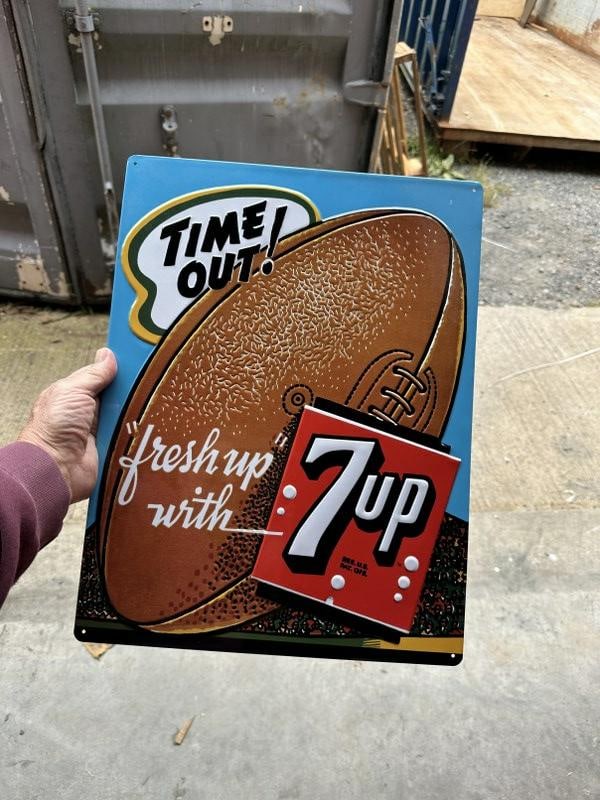 17 cases 7UP FOOTBALL tin embossed signs (17" X 13") 24 in a case, 408 pcs. (1 of 1)