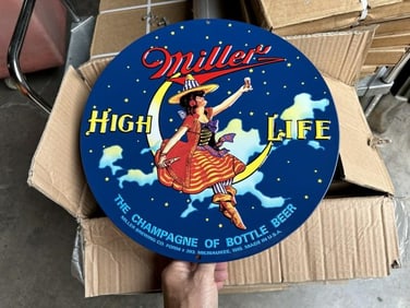 4 cases MILLER HIGH LIFE tin embossed signs plus partial (14" across) 210 pcs plus.