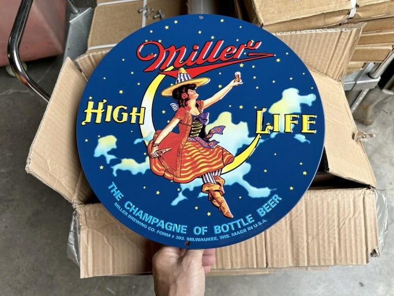 5 cases MILLER HIGH LIFE tin embossed signs (14" across) 210 pcs. (1 of 1)