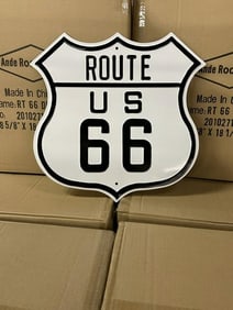 7 cases ROUTE 66 tin embossed signs plus loose ones (15" X 15") 42 in a case, 294 pcs plus.