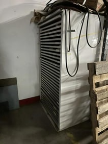 3 Metal multidrawer cabinets, 2 empty, 1 has enamel magnets & plates without magnet backs, cabinets