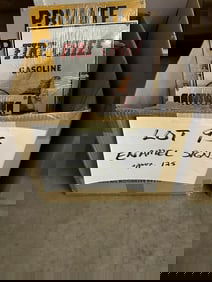 Box of heavy enamel signs including BON AMI, TEXACO, DANGER MEN COOKING, BATHROOM, PRIVATE PROPERTY,