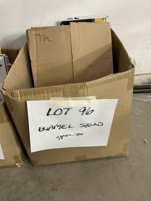 Box of heavy enamel signs including FORD, EVINRUDE, ROUTE 66, PIPER CUB, VOLUNTEERS, NO PARKING, ICE (1 of 9)
