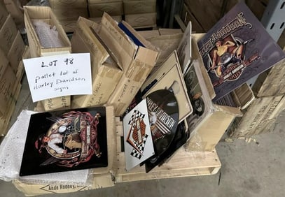 Large pallet lot of different HARLEY DAVIDON tin embossed signs.