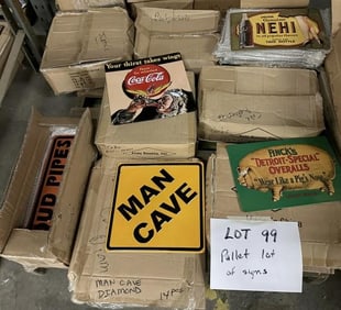 Pallet lot of tin embossed signs including COCA COLA< NEHI< FINCK'S and more.