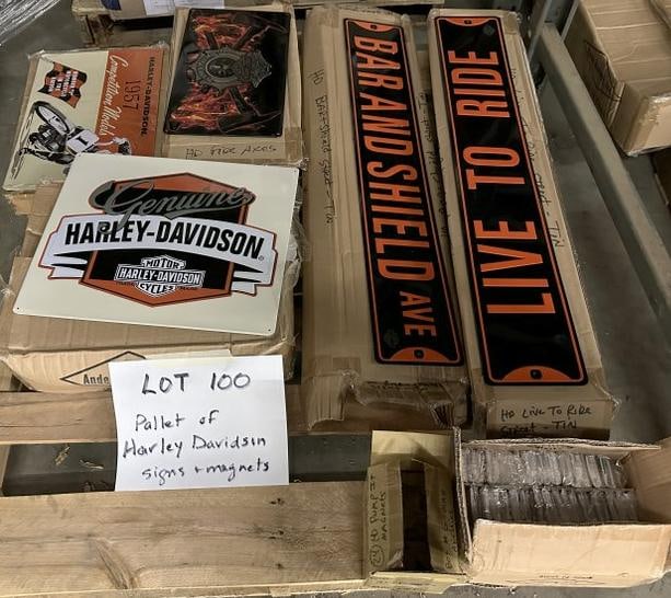 Pallet lot of different HARLEY DAVIDSON tin embossed signs & magnets. (1 of 6)
