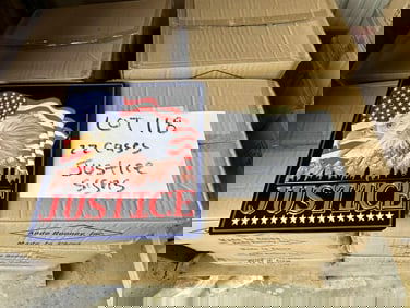 (22) cases JUSTICE tin embossed signs, measures 15" x 13", (18) in a case, total 396 pcs.