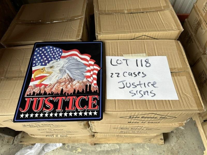 (22) cases JUSTICE tin embossed signs, measures 15" x 13", (18) in a case, total 396 pcs. (1 of 1)