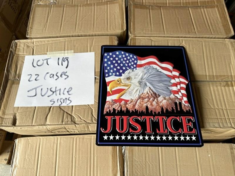 (22) cases JUSTICE tin embossed signs, measures 15" x 13", (18) in a case, total 396 pcs. (1 of 1)