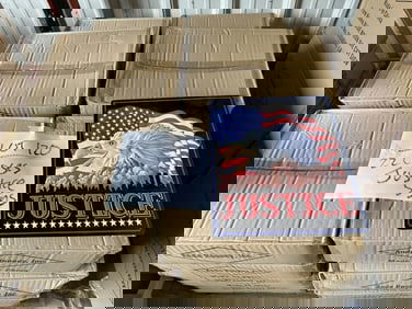 (22) cases JUSTICE tin embossed signs, measures 15" x 13", (18) in a case, total 396 pcs.