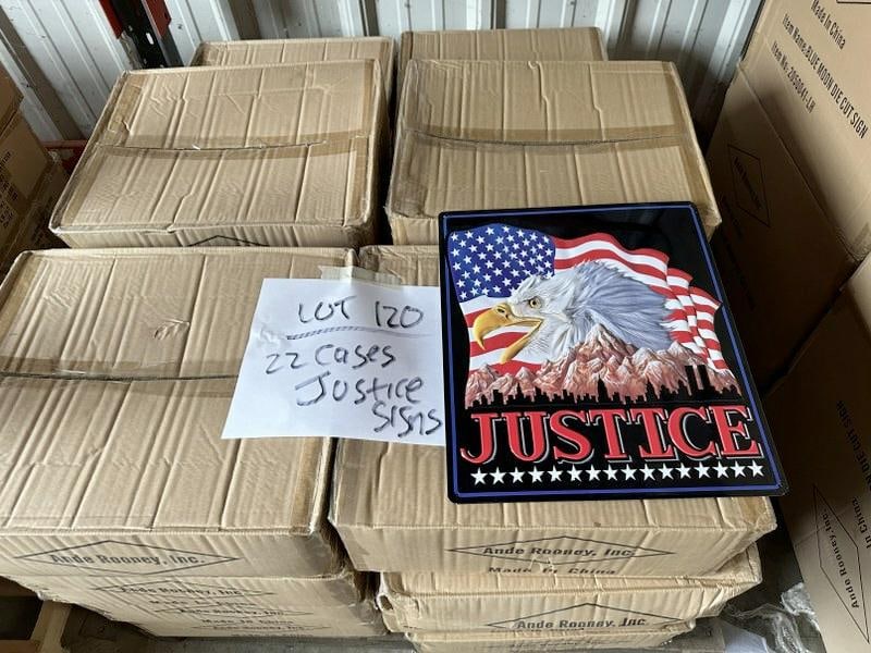 (22) cases JUSTICE tin embossed signs, measures 15" x 13", (18) in a case, total 396 pcs. (1 of 1)