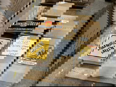 (43) cases of enamel DANGER MEN, JOHN DEERE, & BLUE JAY PLASTERS..signs….(670) total pieces