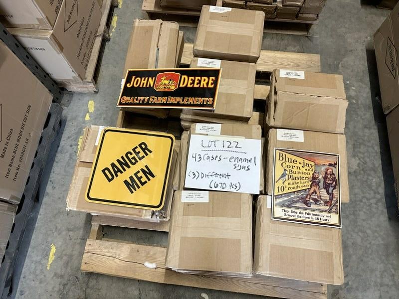 (43) cases of enamel DANGER MEN, JOHN DEERE, & BLUE JAY PLASTERS..signs….(670) total pieces (1 of 5)