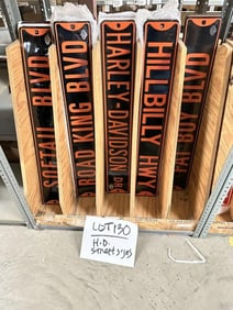 Lot of HARLEY DAVIDSON STREET SIGNS, tin embossed & enamel, they measure 36" x 6", over 50 pcs.