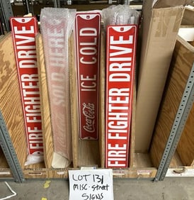 Lot of misc. STREET SIGNS, tin embossed and enamel, includes COCA COLA & FIREFIGHTER…..MEASURE 36"