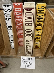 Lot of misc. porcelain street signs, measure 36" x 6", includes CHRYSLER, BARRACUDA, DANGER MEN