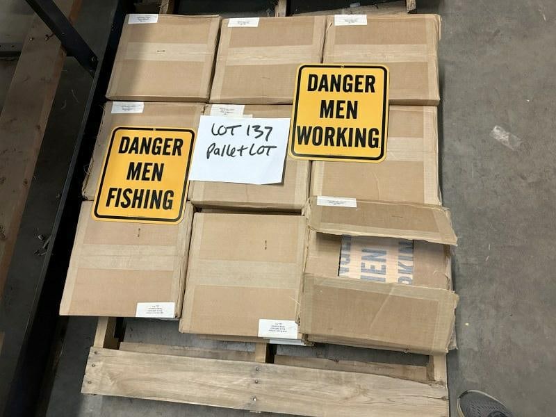 (31 cases- 500 pcs. ) enamel DANGER MEN WORKING & DANGER MEN FISHING signs. (1 of 1)