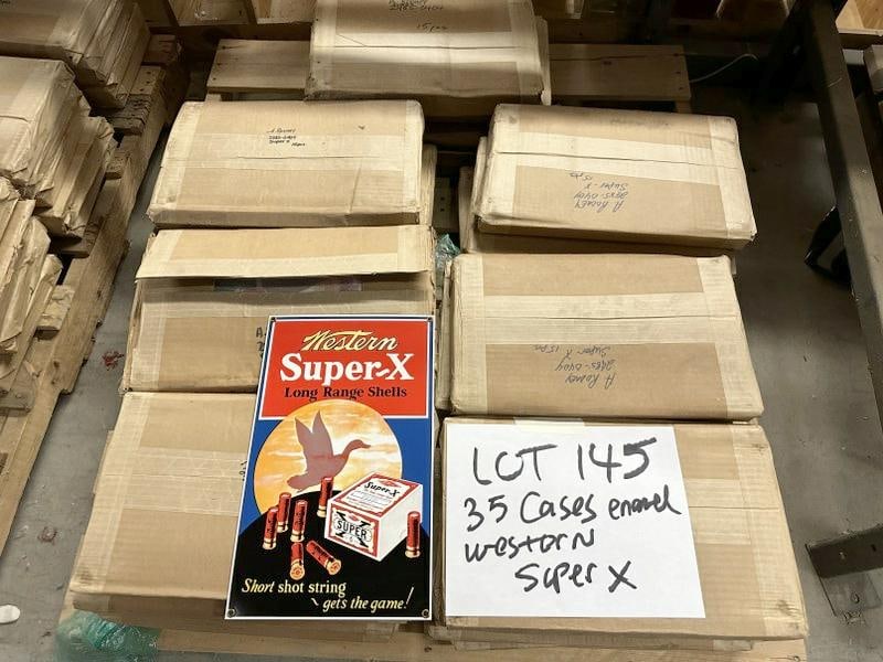 (35) cases 525 total pieces ) enamel WESTERN SUPER X SHELLS signs, they measure 14.5" x 8.75". (1 of 2)