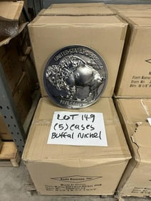 (5) cases tin embossed signs, BUFFALO NICKEL, measure 14" across. Total amount is 210 signs…