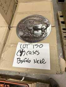 (4) cases tin embossed signs, BUFFALO NICKEL, measure 14" across. Total amount is 168 signs…