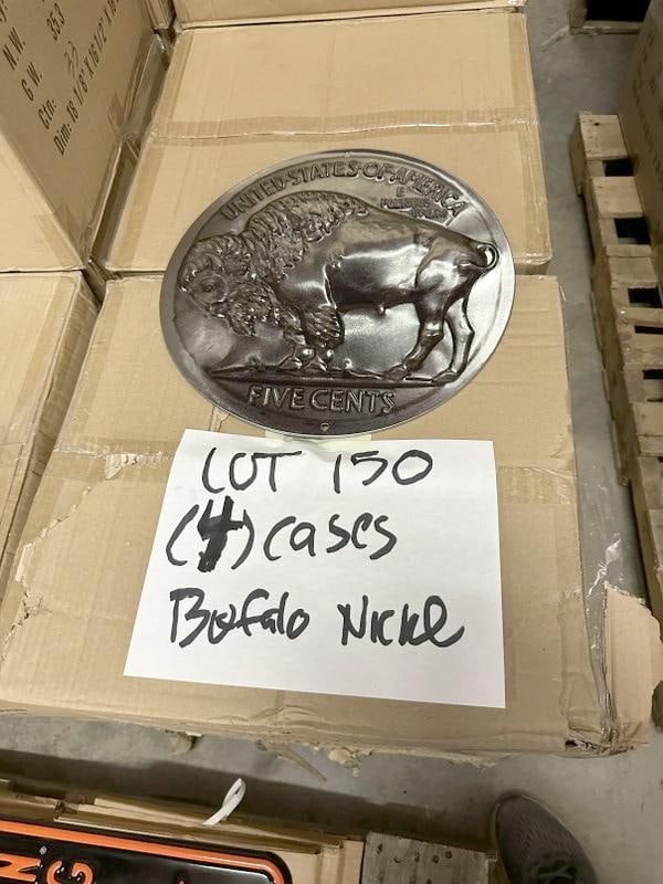 (4) cases tin embossed signs, BUFFALO NICKEL, measure 14" across. Total amount is 168 signs… (1 of 1)