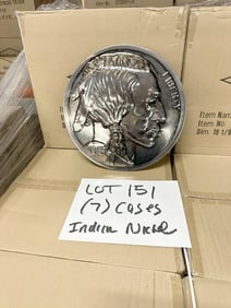 (7 cases - 294 pieces ) INDIAN HEAD NICKEL tin embossed signs, measure 14" across, 42 in a case.