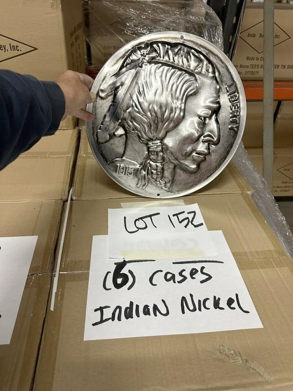 (6 cases - 252 pieces ) INDIAN HEAD NICKEL tin embossed signs, measure 14" across, 42 in a case. (1 of 1)