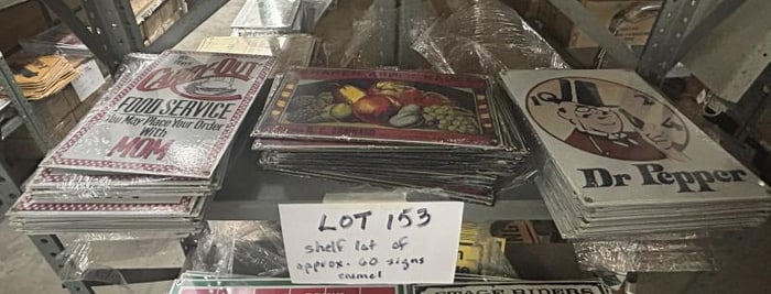 Approx. (60) pcs. Enamel signs incl. CARRY OUT FOOD SERVICE, SHAKER APPLE SAUCE & DR. PEPPER .