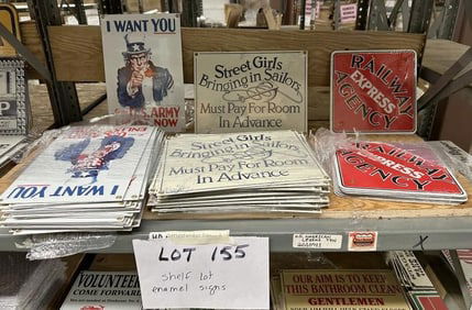 Approx. (50) enamel signs incl. UNCLE SAM, RAILWAY EXPRESS & STREET GIRLS…..