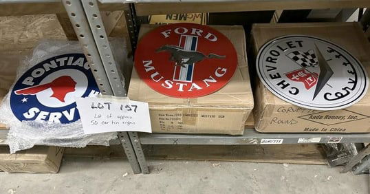 Approx. ( 50 pieces ) tin embossed car signs - CHEVROLET CORVETTE, FORD MUSTANG & PONTIAC