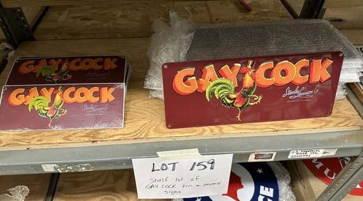 Lot of GAY COCK signs includes 22 enamel signs & 30 tin embossed.